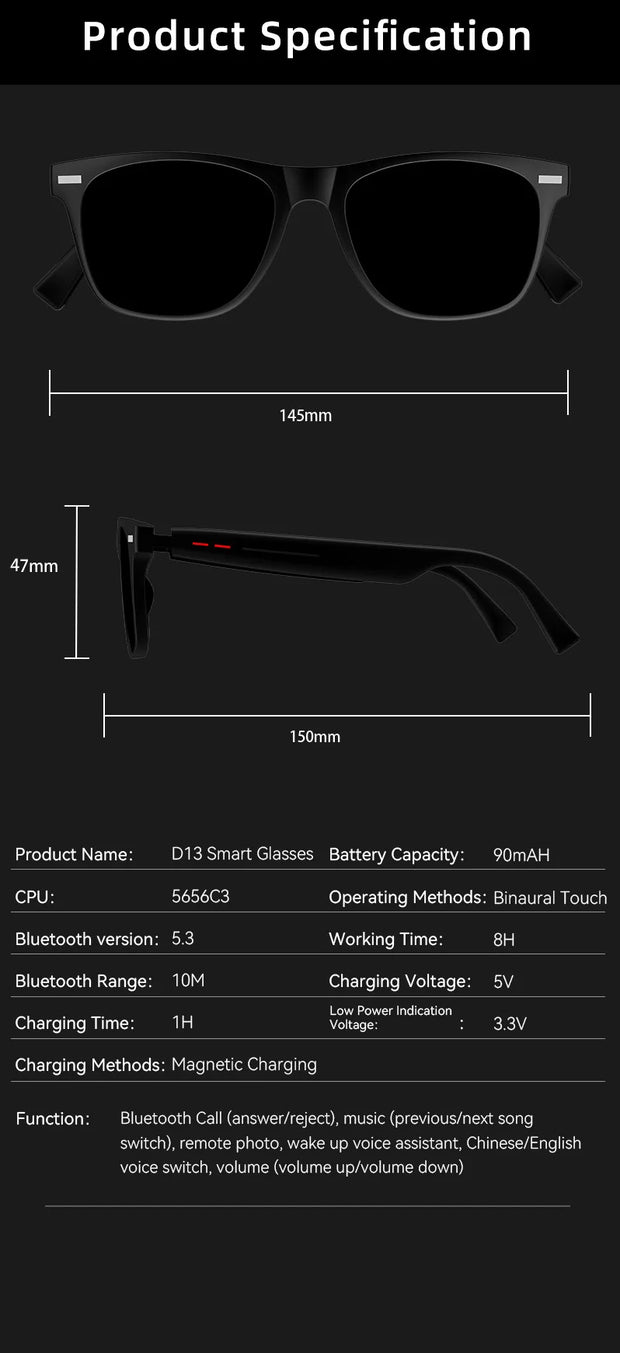 New Smart Glasses Wireless Calling Earphones Remote Control Photo AI Assistant