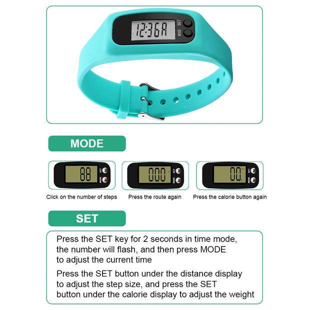 LED Pedometer Bracelet Wrist Calorie Counter 12/24H Time Display Step Counter