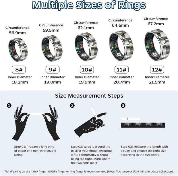 Smart Ring Health Tracker, Sleep Tracker Ring with Heart Rate, Waterproof Fitness Ring for Activity Monitoring/Steps/Distance/Calories,Air Gestures,Up to 7Day Battery,For Ios Android(Stylish Silver#8)